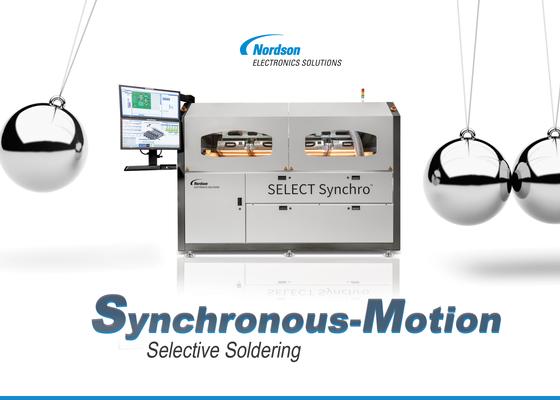 The new Nordson SELECT Synchro™ Selective Soldering system uses synchronous motion to increase throughput and flexibility while reducing footprint and cost-of-ownership for high-volume printed circuit board assembly applications in electronics manufacturing.